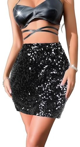 Pailettenrock für Damen Glitzer Rock Minirock Festival Party Club Schlauchrock Schwarz S