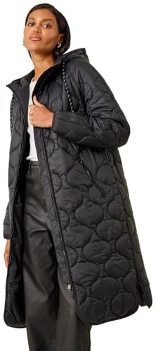 Roman Originals Fleece Lined Quilted Hooded Coat for Women UK - Ladies Everyday Autumn Winter Comfy Soft Evening Vacation Work Party Night Out - Black - Size 12