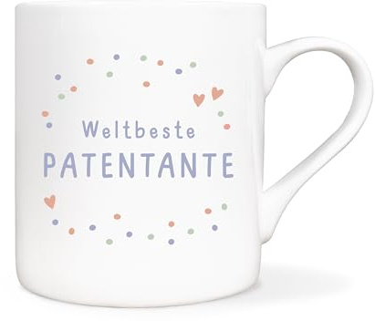 mintkind® Tasse Patentante 400 ml – Porzellan Kaffeebecher Konfetti | Design mit Herzmotiven – besondere Geschenkidee zu Weihnachten, zum Geburtstag oder als Dankeschön
