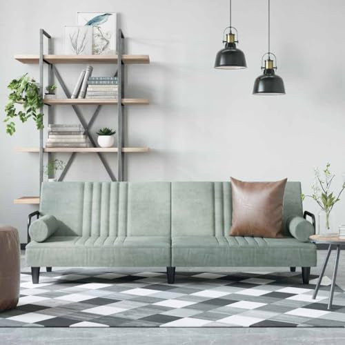 QUAHEAS Schlafsofa mit Armlehnen Hellgrau Samt, Verstellbare Rückenlehne, Bequeme Bettcouch für Gästezimmer, Robuster Sperrholzrahmen, Inklusive Kissen, 205 cm Breite