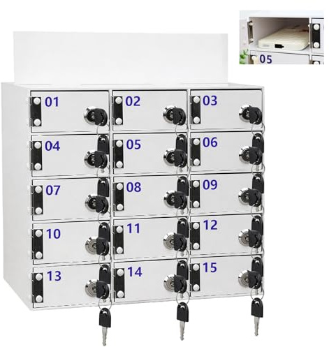 Hocomay 15 Slots Mobile Phone Storage Locker, Cell Phone Partitioned Storage Cabinet with Independent Locks & 30 Keys, White Lockable Cabinet Box for Classroom, Gym, Office, Factory