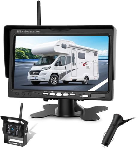 Rückfahrkamera Kabellos Set mit 7 HD Rear View Monitor Stabilem Signal | IP68 wasserdichte Auto Rückfahrkamera Funk,HD Monitor, Nachtsicht, Weitwinkel,für Wohnmobil Wohnwagen Anhänger LKW