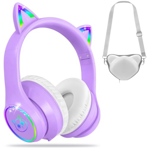 isightguard Kids Headphones with Case Bluetooth 5.4 Colorful LED Light Up | Cat Ears Over Ear Headphone Wireless Safe Volume Limited for Toddler Girls & Boys (Purple)