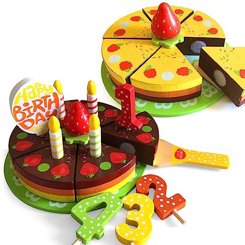 Jeu Ensemble de Gâteau d'anniversaire Jouet en Bois | Gâteau Jouet Enfant pour Enfants avec Serveur Gâteau, Bougies, Fruits, Décorations | Jeu de rôle Nourriture Cadeaux Gâteau d'anniversaire en Bois