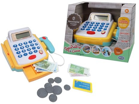 ODS ODS-44078 Maisonelle Registratore di Cassa con Lettore, Funzione calcolatrice con Soldi Finti, Carta di Credito e luci e Suoni, Colore Bianco, Giallo, Azzurro, Medium, 44078