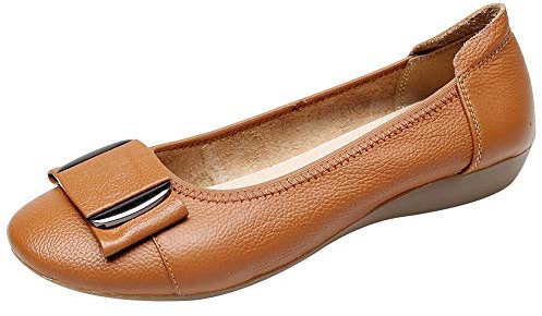 amropi Women's Round Closed Toe Slip On Comfort Work Ballet Flats (Tan,6.5 UK)