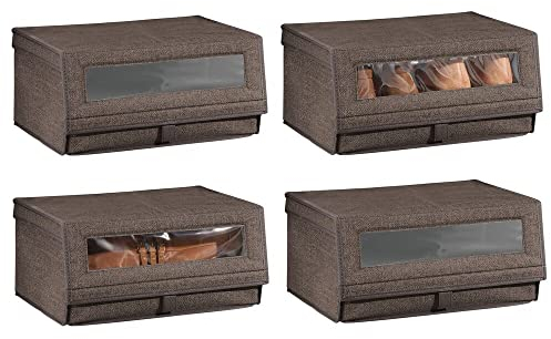 mDesign 4er-Set Schuhaufbewahrung aus Stoff – stapelbare Schuhbox mit Sichtfenster, Klettverschluss und Klappdeckel – Aufbewahrungsbox für den Schrank oder das Regal – dunkelbraun