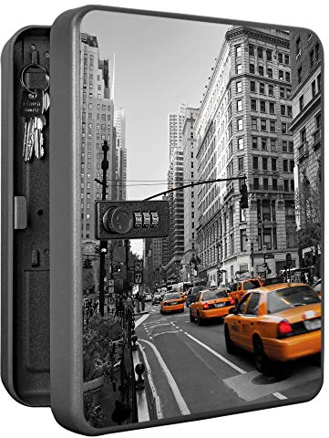 banjado Burg-Wächter abschließbarer Schlüsselkasten für 36 Schlüssel/Schlüsselkasten mit Zahlenschloss 24x30x8cm groß/Schlüsselschrank aus Stahlblech schwarz/Motiv New York Taxi