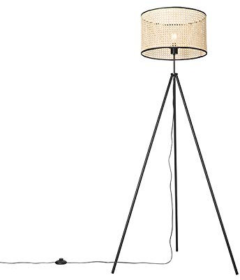 Qazqa - Rural Floor lamp Tripod Black with Rattan Shade - Kata- - Country - Suitable for LED E27 | 1 Light - Rattan Floor lamp - Suitable for Living Room I Bedroom I