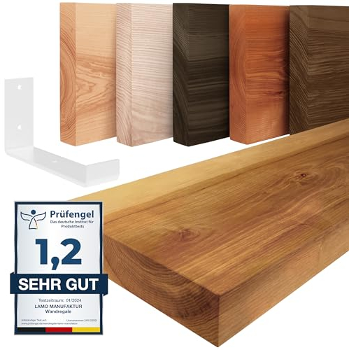 LAMO Manufaktur Wandregal Holz Gerade | Regal Farbe: Rustikal | mit weißem Industrial Regalträger | 160 cm