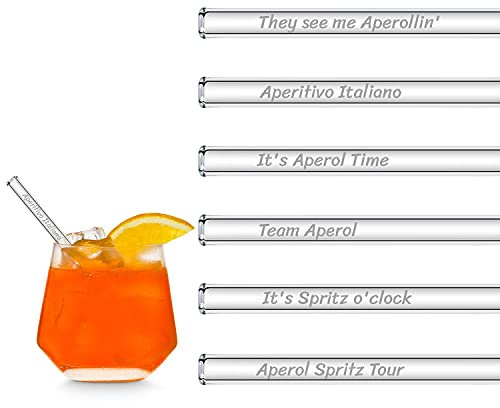 HALM Pailles en verre Aperol Spritz Coffret cadeau | 6 pièces droites 15 cm pour verres Aperol spritz | 6 phrases amusantes Accessoires pour cocktails | Pailles à boire en verre réutilisables gravées