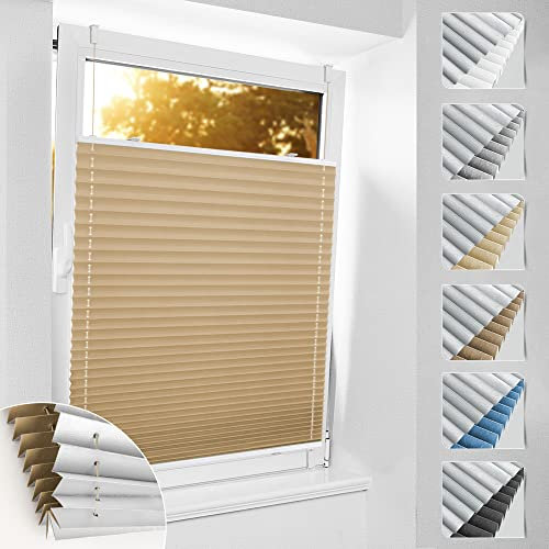 bobodeco Plissee ohne Bohren Verdunkelung Klemmfix, Beige 60x130cm(BxH) Thermo Plissee 100% Verdunkelnd & lichtundurchlässig Plisseerollo, Sichtschutz und Sonnenschutz für Fenster & Tür