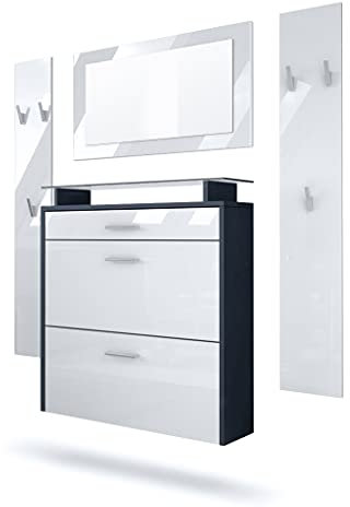 Vladon Garderobe Malea, Garderobenset bestehend aus 1 Hängeschuhschrank, 1 Wandspiegel und 2 Garderobenpaneele, Anthrazit matt/Weiß Hochglanz