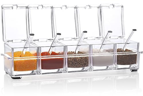 V·RESOURCING Clear Seasoning Box,5 Pieces Clear Seasoning Storage Container for Spice Salt Sugar Cruet,Condiment Jars with 5 Spoons