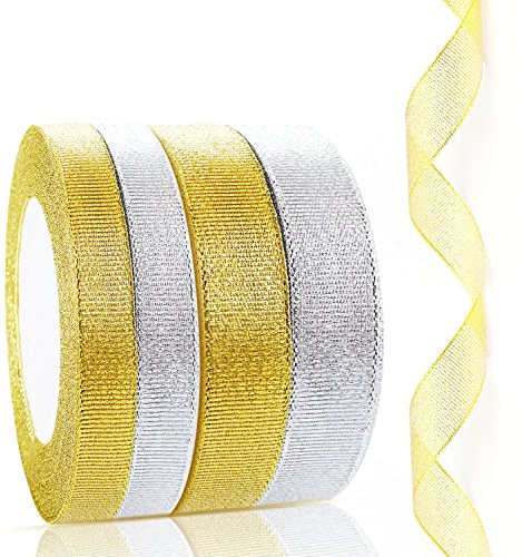 Geschenkband, Organzaband, 20 mm und 10 mm, 88 m, goldfarben, silberfarben, glitzernd, Organzaband, für Weihnachtsbaum, Geschenkverpackung, Basteln, 4 x 22 m, 4 Stück
