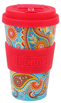 IDRINK® - Tasse à café RPET avec bouchon en silicone ouvrant, facile à porter 435 ml, Mug à emporter en plastique recyclé 8.7 x 8.7 x 15 cm ergonomique 435 ml (PAISLEY)