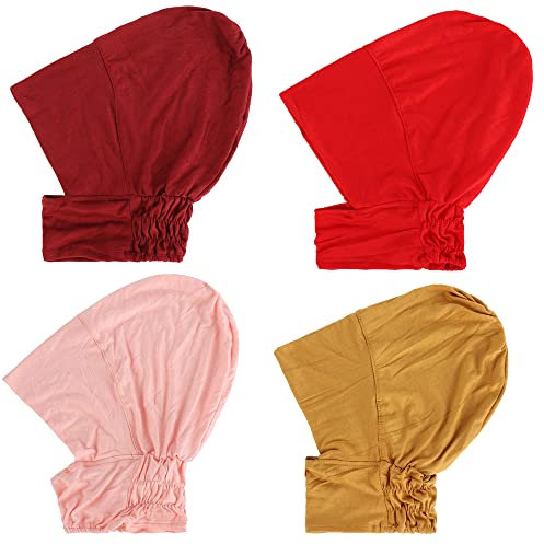 JDYaoYing Muslimische Innenkappen, Stretch-Turban, Haube, Unterschal, volle Abdeckung, Hijab, Halstuch, Kopfbedeckung, 4 Stück, Weinrot, Rosa, Gelb, 6