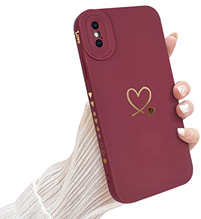Newseego Coque Compatible avec iPhone X/XS, Motif Doré Love-Heart Design Doux Silicone Liquide iPhone X/XS Coque de Protection Élégante Antichoc avec Lentille Tout Inclus pour iPhone X/XS