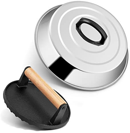 Joyfair Käse-Schmelzkuppel & Grillpresse-Set, 30,5 cm Backabdeckung mit Gusseisen-Burgerpresse zum Grillen von Patty, Outdoor-Camping/Flat-Top-Teppanyaki, professionelle Werkzeuge & strapazierfähig