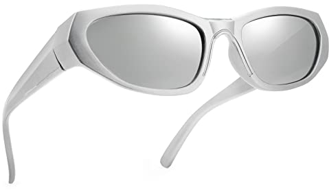 COASION Herren Polarisierte Sonnenbrille Y2k Men Vintage Sport uv400 Brille Futuristische Sonnenbrille(A9 Silber/Verspiegeltes Silber)