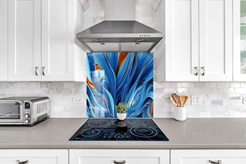 Myphotostation Blue Fractal Tempered Glass Backsplash 70WX43H'' Abstract Splashback for Kitchen Decor Bathroom Wall Protector Stove Backsplash Panel Tile Glass Splashback Kitchen Decor