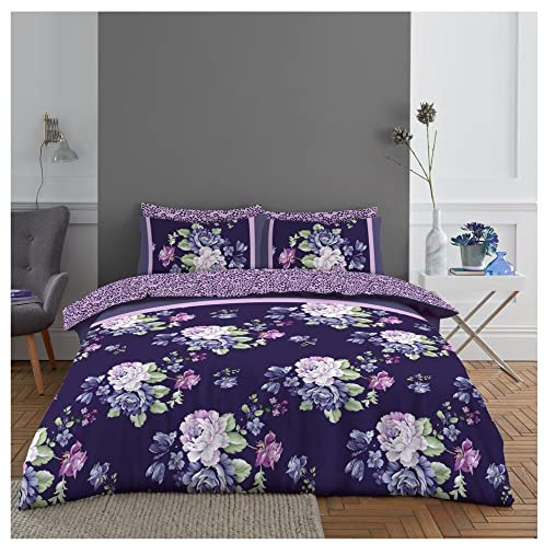 Lions Complete Bedding Set - Flower Printed Duvets Cover with Matching Pillowcase, Ultra Soft Reversible Poly Cotton Quilt Covers for Girls Women, Single Double King (Aubergine, King)