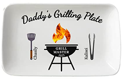 SSRUI Personalisierte BBQ-Grillplatte, individuelle Platte für Vatertag, Grillgeschenke für Vater, Grill-Serviertablett Teller weiß oval Serviergeschirr Opa Papa Männer Vatertagsgeschenk von Kindern