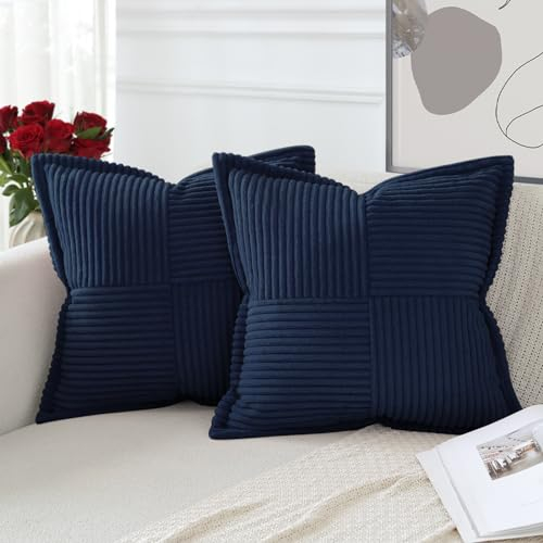 Artscope 2er Set Kordsamt Kissenbezüge Samtkissen Weich Dekokissen Dekorativ Kissenbezug Modern Kissenhülle Umwickelte Kante Sofakissen für Wohnzimmer Schlafzimmer Dunkelblau, 50x50cm