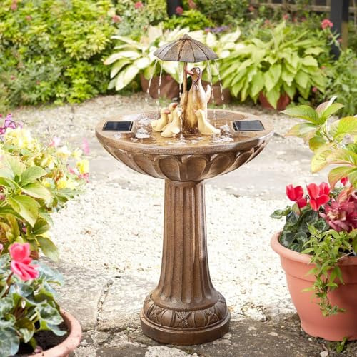 Festive Lights - 84cm Solar Duck Family Water Feature & Bird Bath with Bronze Effect - Outdoor Garden Fountain, Weather Resistant Resin, Wildlife Friendly - Integrated Panel, Easy Setup, Relaxing Flow