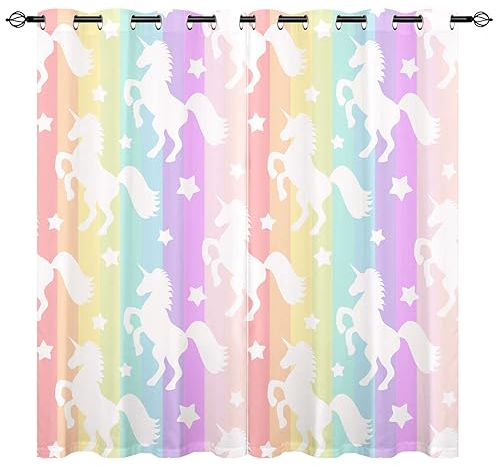 YUANZU Weißes Einhorn Vorhänge Mädchen Regenbogen Streifen Ösen Gardinen mit Blickdichte Vorhang Kälteschutz Blackout Curtain Kinderzimmer Schlafzimmer Verdunkelung Fenster, 2 Stück, H 160 x B 132 cm
