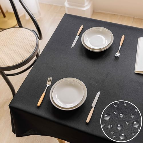 Home Brilliant Wipeable Table Cloth Rectangle Water Resistant, Linen Black Table Cloth Durable Waterproof Tablecloth for Kitchen Indoor Outdoor, Black, 140CM x 218CM