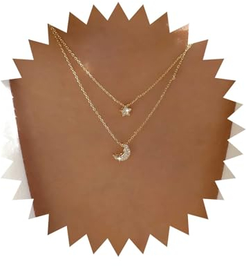 Inateannal Vintage Geschichteten Kristall Stern Choker Halskette Gold Cz Mondsichel Halskette Strass Stern Mond Anhänger Halskette Gepflastert Cz Stern Kette Halskette Schmuck Für Frauen Mädchen