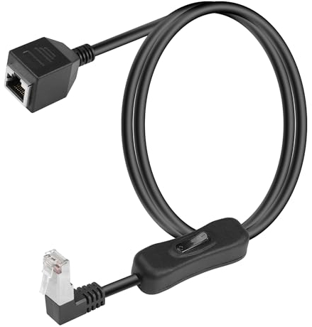 SinLoon 90 Degree Cat6 Ethernet Cable with 304 On/Off Switch, 1M (3.3FT), Black, High Speed RJ45 Male to Female Internet Network Extension Cord, Compatible with PC, Laptop, Router, Switch