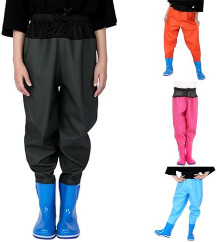 KAREN66 Kinderwathose Wathose für Kinder Junge Mädchen Elastische Taille Anglerhose mit Stiefeln wasserdichte Atmungsaktive Crosswater Waders Nylon & PVC Fischerhose (Armeegrün, 12 Jahre)