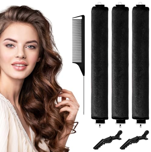 WuGU Locken Ohne Hitze, 3 Stück Heatless Curls Band, Lockenwickler über Nacht, Flexi Stangen mit Haken, Hitzefreier Lockenwickler mit Klammern, Hitzefreier Lockenstab für Alle Haartypen (Schwarz)