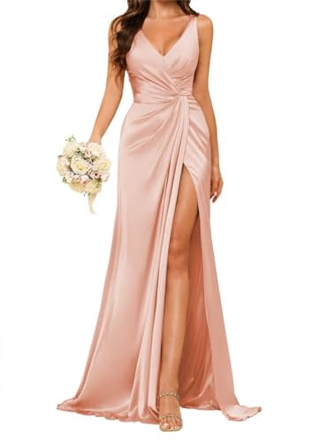 Robe de demoiselle d'honneur à col en V avec fente froncée et taille plissée en satin pour femme, Rose poudré., 36