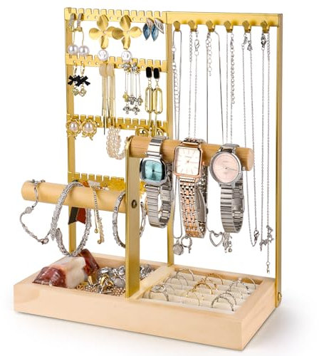 PBUSPU Soporte para Organizador de Joyas,Expositor de Joyas con Bandeja, Ombinación de Madera y Metal para Joyas de MaderaCollares Pulseras Mascarillas Pendientes Joyero Colgante Dorado