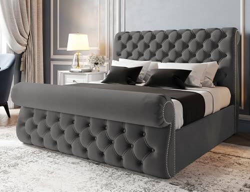 Furnishion Sworn Sleigh King Size Bed Frame 5ft, Modern Plush Velvet Upholstered Panelled Design, Luxury King Size Beds for Stylish Bedrooms, Strong 5ft Bed Frame with Wooden Slats in Grey Plush