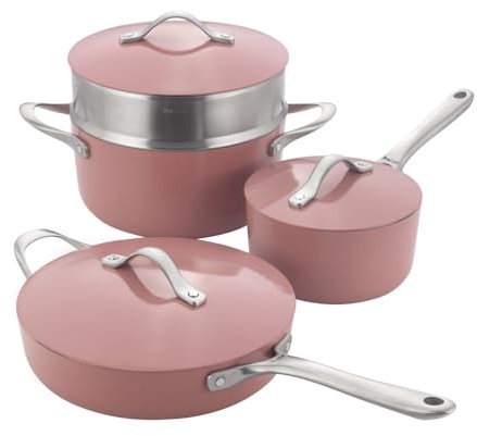 ProCook Soho Coral Pink Pan Set with Stainless Steel Handles Non Stick Induction & Oven Safe Stylish Modern Cookware Set 4 Piece, 18/24/26 cm, 2.1/3/4.8 L