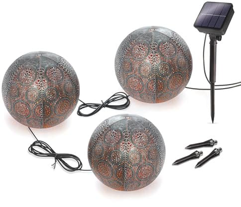 Esotec Solarkugeln Ambrosia, 3er Set, Silber gebürstet, D=15cm, 2m Solarkugel Lichterkette, Akku, Solarmodul, Erdspieß, Bodenleuchte, Kugelleuchte, Kunststoff, Outdoor, außen, wetterfest 103029