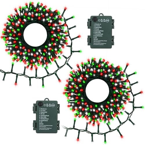 BSGlobal 2 Pack Christmas Lights Red White Green, 20Ft 400 LED String Cluster With Timer 8 Modes Firecracker Lights for Tree Room Garden Outdoor Decor