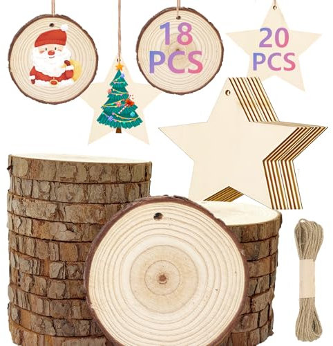 38 Pezzi Tronchetti Legno per Pirografia, Naturale Fette Legno da Decorare,18 Dischi Legno 7-8 cm con Corteccia Foro, 20 Stelle Legno, Fai da Te Natale, Cerchi per Lavorettiaddobbi Natalizi in Legno