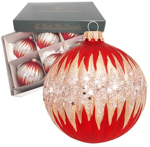 Krebs Glas Lauscha - Weihnachtsdekoration/Christbaumschmuck aus Glas - Riffelkugel - Farbe: Rot/Gold Satin - Menge: 6 Stück - Größe: ca. 8 cm