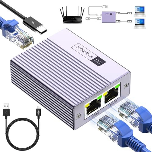 Honpzz Ethernet Splitter 1 auf 2, 1000Mbps Hochgeschwindigkeits Netzwerk Switch, LAN Switch 2 Port mit Type-C Stromkabel, RJ45 Gigabit Ethernet Switch für Computer, Hub, Switch, Router