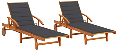 Higsose Liegestuhl Gartenn 2 STK. mit Auflagen Massivholz Akazie 199x67x85cm Anthrazit Rustikalem Relaxliege mit Räder Balkon Liege Dekorative Funktion Sonnenliege Klappbar Platzsparend