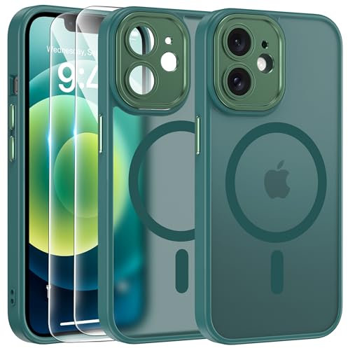 FLLAO Cover Magnetica per iPhone 12 Custodia e 2 Pellicole in Vetro Temperato, Cover iPhone 12 Compatibile con Magsafe, Traslucida Opaca Posteriore Sottile Antiurto Protettiva Case, Verde