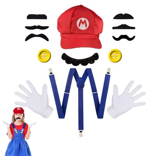 GUOYOU Mario Kostüm, Faschingskostüme Cosplay Zubehör, mit Mario Kappen Schnurrbärte Handschuhe Knöpfe Karneval für Weihnacht Dekoration,für Kinder Damen Herren