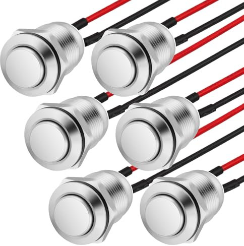 HOTUT 6 piezas Precableado Pulsador a Prueba de Agua, 12mm Interruptor de Botón de Bloqueo, Pulsador de Metal Resistente al Agua, IP65 Impermeable, Mini para Trompeta de Coche, Cabeza Alta