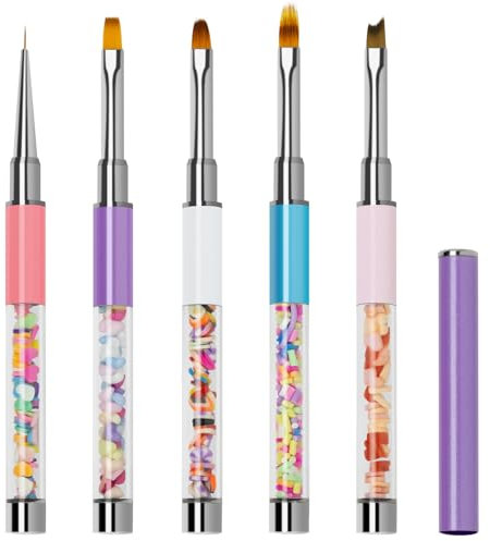 Lokaloka Pinceau Nail Art Kawaii Ongles Gel Professionnel avec Capuchon et Ombre, 5 Pièces Pinceaux UV Construction French Fin Rond Liner Plat Degrader Set pour Vernis Semi Permanent Peinture