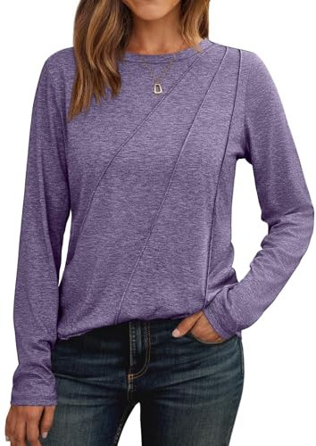 Cuptacc Maglietta Donna a Maniche Lunghe Collo Rotondo Maglietta Inverno Top con Pieghe Basic Camicetta Casual Aria Libre Viola, Taglia Grande XL 46-48